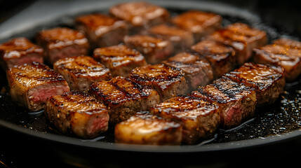 Sizzling Steaks: A close-up shot showcasing perfectly grilled, mouthwatering steaks sizzling in a cast-iron pan, showcasing the rich textures, colors, and aromas of a culinary delight.