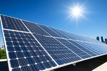 Obraz premium Energy with Solar cell in urban city. Green power concept