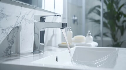 Modern bathroom faucet with water flowing
