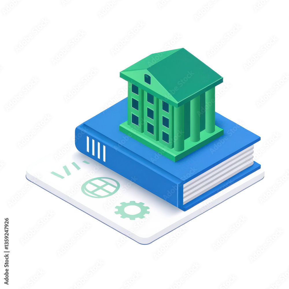 Poster 3d illustration of digital ledger icon featuring green building on blue book, symbolizing financial 