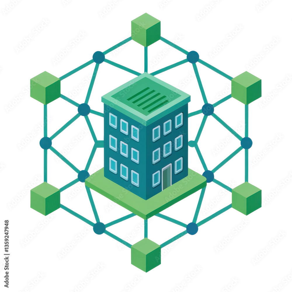 Poster 3D illustration of building surrounded by network of interconnected green cubes, symbolizing blockchain technology and smart contracts in digital ecosystem