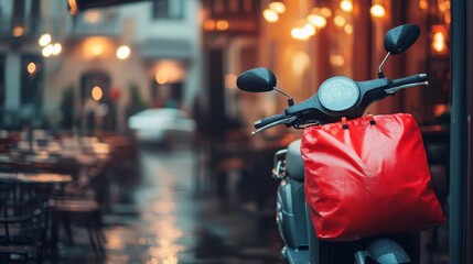 E-Scooter with Red Delivery Bag Parked on Rainy Street