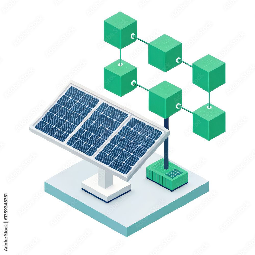 Poster 3D illustration of solar panel connected to blockchain network, symbolizing renewable energy integration with technology. minimalistic design features green cubes and modern aesthetic
