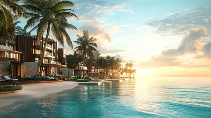 Fototapeta premium Luxurious Caribbean resort, soft morning light casting golden tones, tropical palms swaying by the shore, peaceful sunrise over turquoise waves 