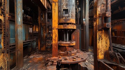 Fototapeta premium A massive rusted hydraulic press, covered in grime and standing unused in a railway plant
