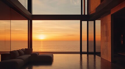 Luxurious modern villa with expansive floor-to-ceiling glass windows, showcasing panoramic ocean views, sleek minimalist lines, and warm wood and stone textures, golden hour glow 