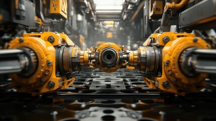 A mechanical car suspension system displayed on a high-contrast industrial backdrop