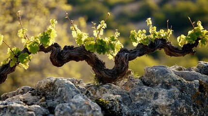 Fototapeta premium Ancient vineyard tendril sprouting vibrant foliage atop weathered stone