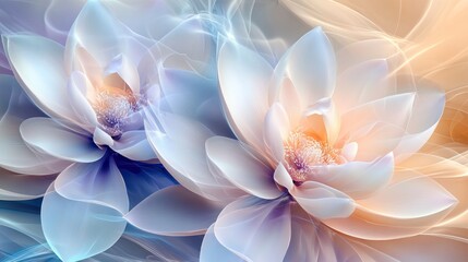 Two luminous abstract flowers bloom in soft pastel hues