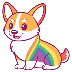 Cartoon Corgi Dog with Rainbow Stripes, Sitting, Isolated on White Background, Cheerful