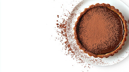 Delicious chocolate tart with cocoa powder on white plate
