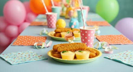 Festive table setting with snacks and drinks for children's party celebration