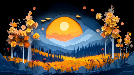 A layered landscape with a bright sun orange flowers and tall trees in the colorful forest at sunset
