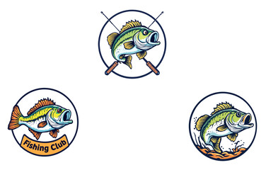 Set of fishing club logo designs featuring largemouth bass and fishing rods