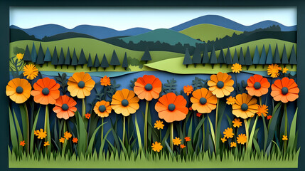 Obraz premium A layered paper artwork with rolling hills and a flower field with orange and yellow flowers and green grass against blu