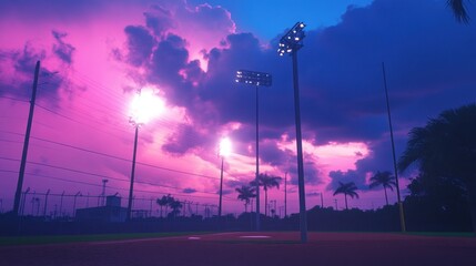 A moody sky with streaks of pink and purple clouds, hovering over an empty baseball field