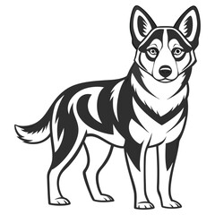 Naklejka premium Husky Dog Stand Pose, Black And White Line Art Style, Pet Animal Design