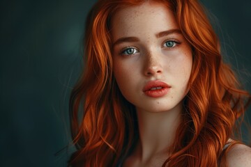 Fototapeta premium Young woman with red hair against dark background. Neural network AI generated