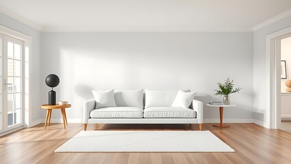Bright Minimalist Living Room with White Sectional Sofa. High Quality Photo