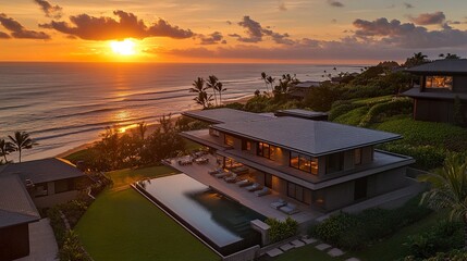 Fototapeta premium Luxury beachfront villas in resort-style estate, sleek modern design, private pools overlooking ocean, golden hour glow 