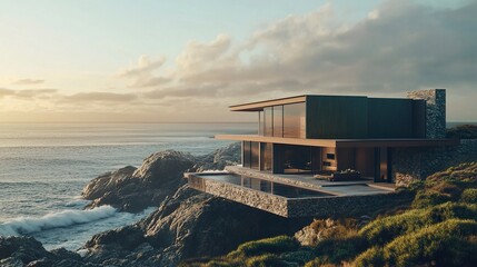 Fototapeta premium Luxury coastal home, bold architecture featuring green panels and natural stone facade, ocean waves breaking on rocky shores 
