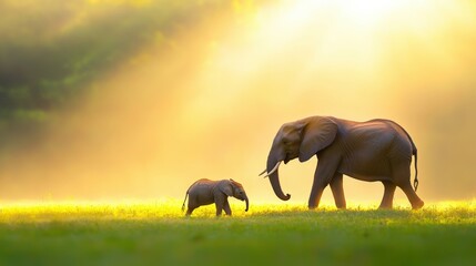A serene scene of an adult elephant walking alongside its calf in a misty landscape, illuminated by soft sunlight.