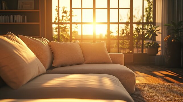 Luxury living room, cozy modern sofa with soft cushions, golden hour light streaming through large windows, warm tones and serene anime-inspired ambiance, loop-ready virtual background.