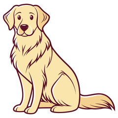 Cartoon Golden Retriever Dog Sitting Isolated on White, Beige Fur, Outline Style