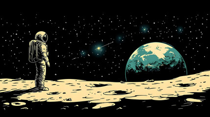 Obraz premium A lonesome astronaut standing on the moon gazing back to a vibrant planet in the dark expanse of space filled with dist
