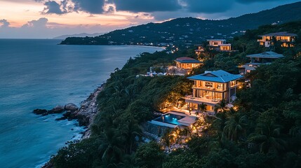 Luxury real estate estate with chic oceanfront villas, private terraces, tropical greenery framing white sand beach, twilight glow 