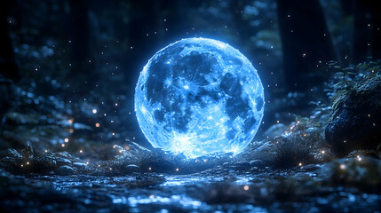 A luminous blue orb rests amidst the forest floor small sparks dancing in the air bathed in soft otherworldly lightin