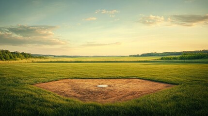 Fototapeta premium A rural baseball field with rolling farmland beyond the outfield, bathed in the soft hues of sunset
