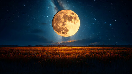 Fototapeta premium A luminous full moon over a field under a starry sky casting soft light upon the ground
