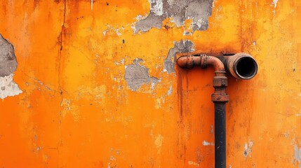 A rusted industrial pipe system against a bright orange and black industrial backdrop