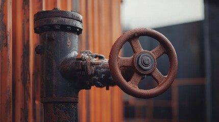 A rusted industrial pipe system against a bright orange and black industrial backdrop