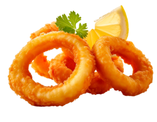 Fotografía de estudio profesional de anillos de calamares fritos con una rodja limón, aisladas sobre fondo tranparente, 4k, ultra realista. sin plato