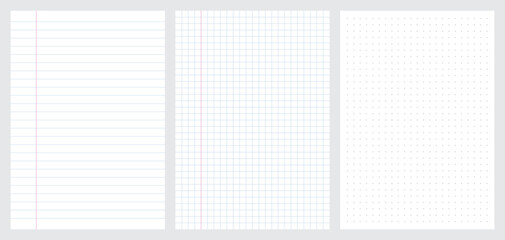 Set of blank sheets of lined, square grid and dotted paper in a5 format. Paper templates for notes, writing, sketching, and journaling. Ideal for school, office and work. Vector illustration
