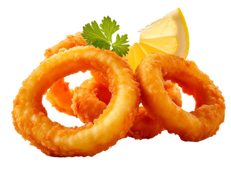 Fotograf&iacute;a de estudio profesional de anillos de calamares fritos con una rodja lim&oacute;n, aisladas sobre fondo tranparente, 4k, ultra realista. sin plato