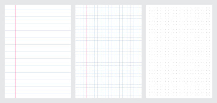 Set of blank sheets of lined, square grid and dotted paper in a5 format. Paper templates for notes, writing, sketching, and journaling. Ideal for school, office and work. Vector illustration
