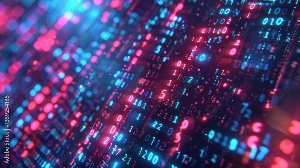 Poster colorful abstract visualization of data with neon lights and numbers, illustrating technology and di