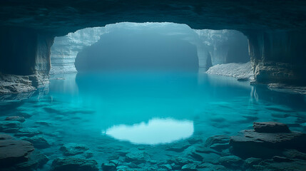 A luminous turquoise lake fills a vast cave its clear water reflecting the light from the entrance above Submerged roc