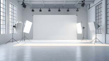 Modern Photography Studio with White Backdrop and Lighting Equip