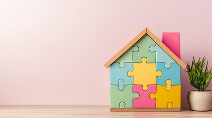 Autism Awareness Day World Autism Day Creative concept. Inclusive Home: Puzzle House in Minimal Doodle Style | Copy Space for Text