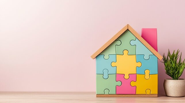Autism Awareness Day World Autism Day Creative concept. Inclusive Home: Puzzle House in Minimal Doodle Style | Copy Space for Text