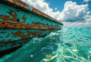 A weathered boat rests on the turquoise water under a cloudy sky