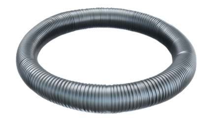 Circular Metallic Duct: A close-up shot of a metallic flexible duct, coiled into a perfect circle, showcasing its corrugated structure and industrial aesthetic.