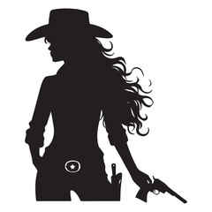 Cowgirl Silhouette Vector Art with Revolver and Flowing Hair Design