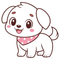 Cute Cartoon White Puppy Dog with Pink Scarf on White Background, Animal