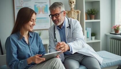 Obraz premium A friendly doctor in a white coat engages with a young woman, sharing insights on a tablet in a well-lit medical office. The scene radiates warmth and professionalism, highlighting the importance of