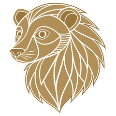 Golden Lion Head Elegant Outline, Decorative Animal Design on White Background, Feline